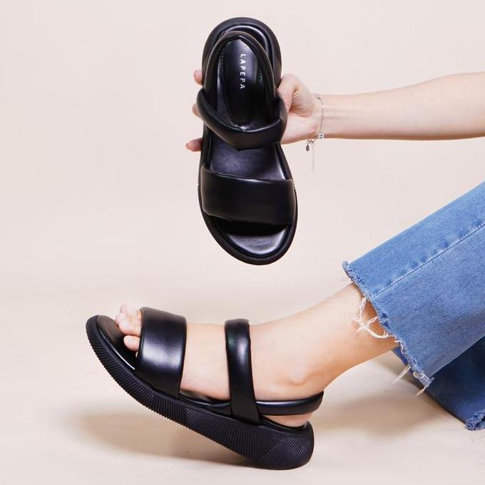 NEW - Lapepa Valerie Black Wedges | sandal platform wanita dua ban tali strap belakang kekinian warn