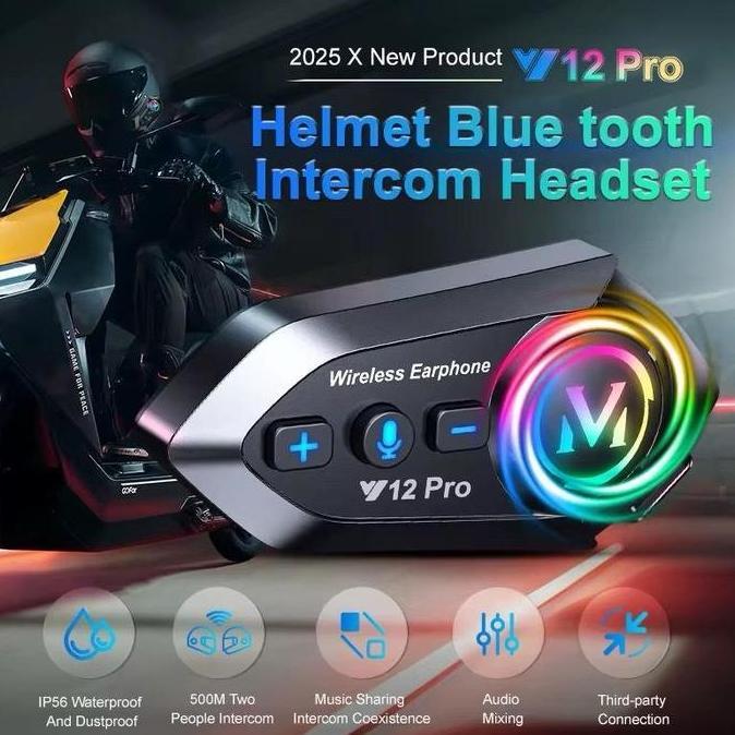 PROMO DISKON - INTERCOM Y12 PRO Headset Helm Bluetooth 2 Way Intercom Water Resistant IP56 Music Sha