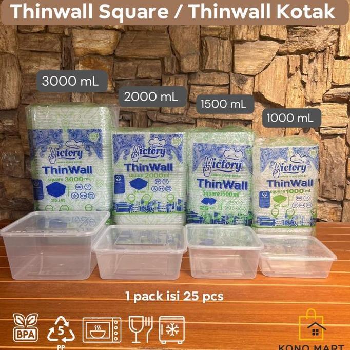 [ISI 25 PCS] Thinwall Merk Victory Square 2000ml 3000ml / Kotak Makan Plastik Persegi / Kotak Makan 