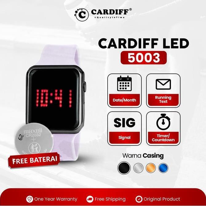 JAM TANGAN CARDIFF LED 5003 BLACK GLOSSY SERIES Kaca Stainless Stopwatch Rubber