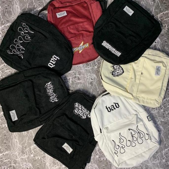 Bag- Tas Ransel  Notbadclub Corduroy Carhat Series Art Font Tas Sekolah Anak  Backpack Travel Laptop