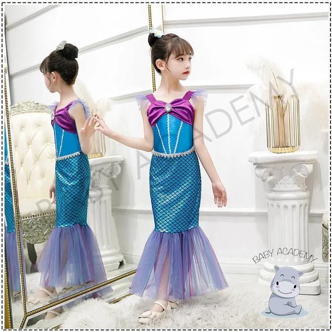 ASLI Kostum Dress Princess Ariel Mermaid Anak Perempuan Dark Pule Satin Premium READY STOCK