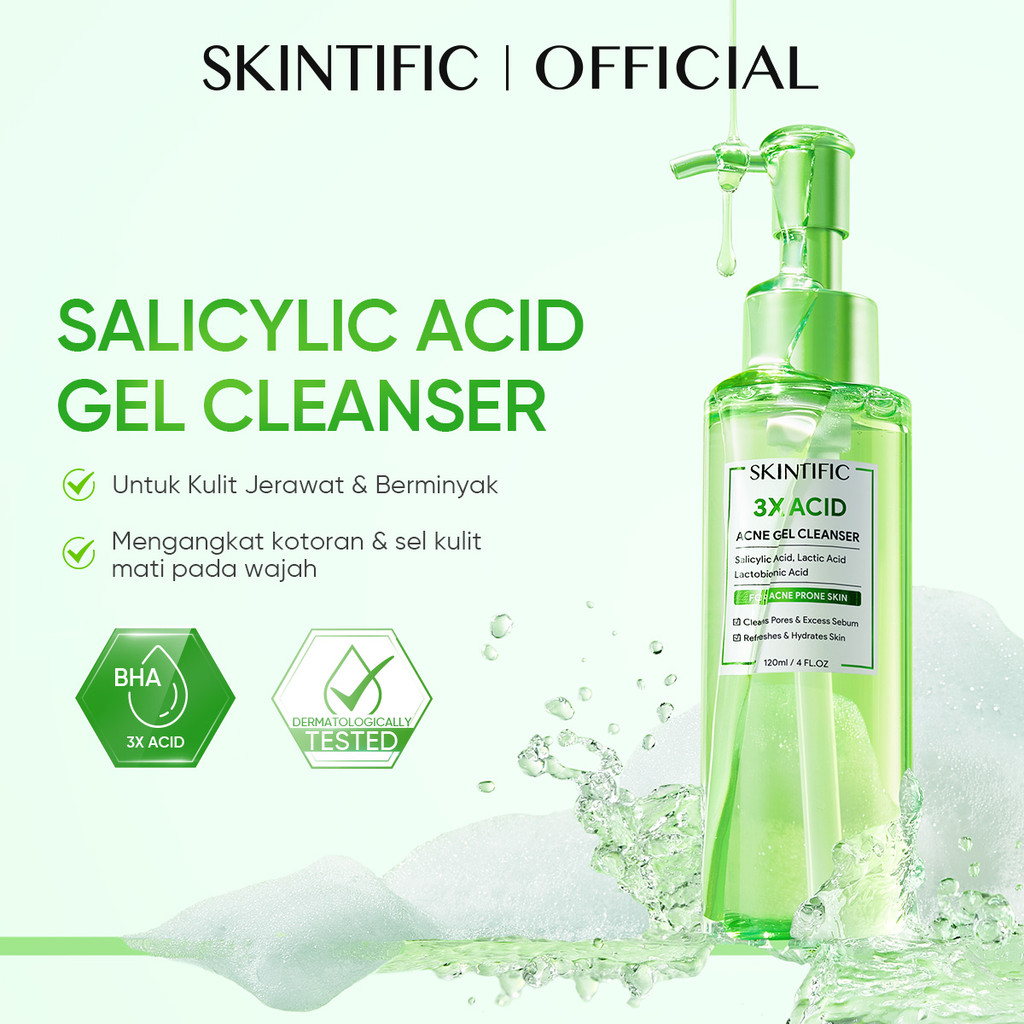 SKINTIFIC - 3X Acid Acne Gel Cleanser 120ml | Salicilyc Acid Facial Wash Cleanser Wajah Untuk Kulit 