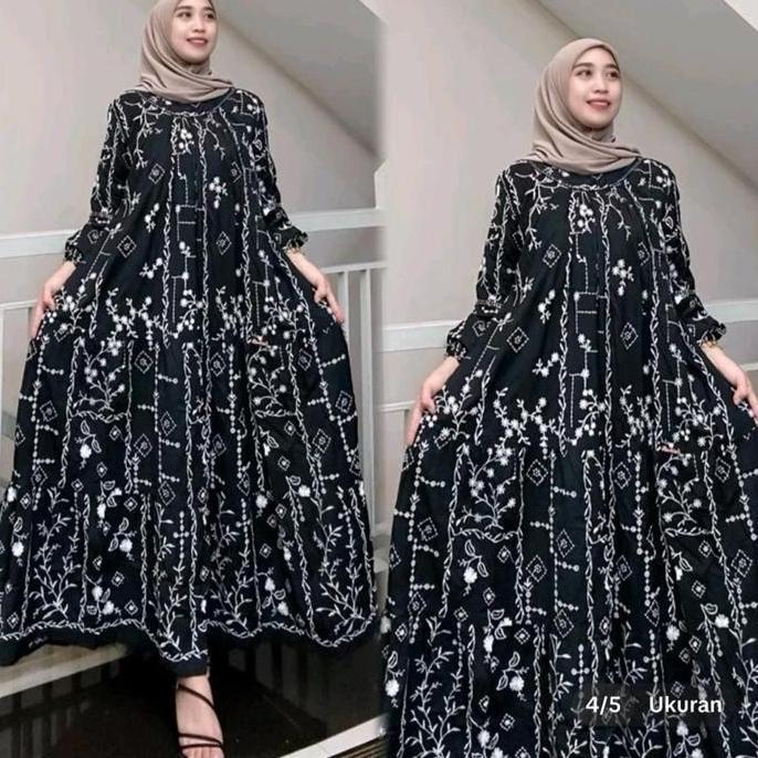 Gamis Salvina Katun Bordir Muslim Wanita Navy - Bahan Berkualitas Tinggi - Melar, Bordir  Dress Panj