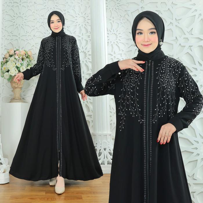 (Terbaru) Gamis Abaya  Hitam Mix Motte  Mewah Bahan Jetblack Wolfis Terbaru  Dress Wanita Muslim Ara
