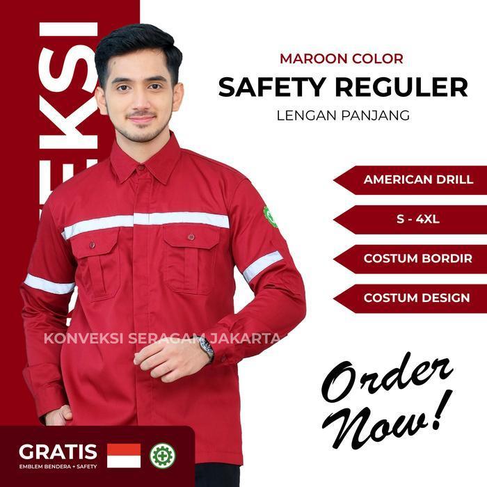 TERBARU Baju Kemeja Seragam Kerja Wearpack Werpak Proyek Safety Maroon Bordir