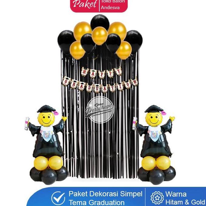Dkr- Paket Dekor Graduation Hitam Gold / Set Dekorasi Wisuda Hitam Gold / Set Balon Wisuda Happy Gra