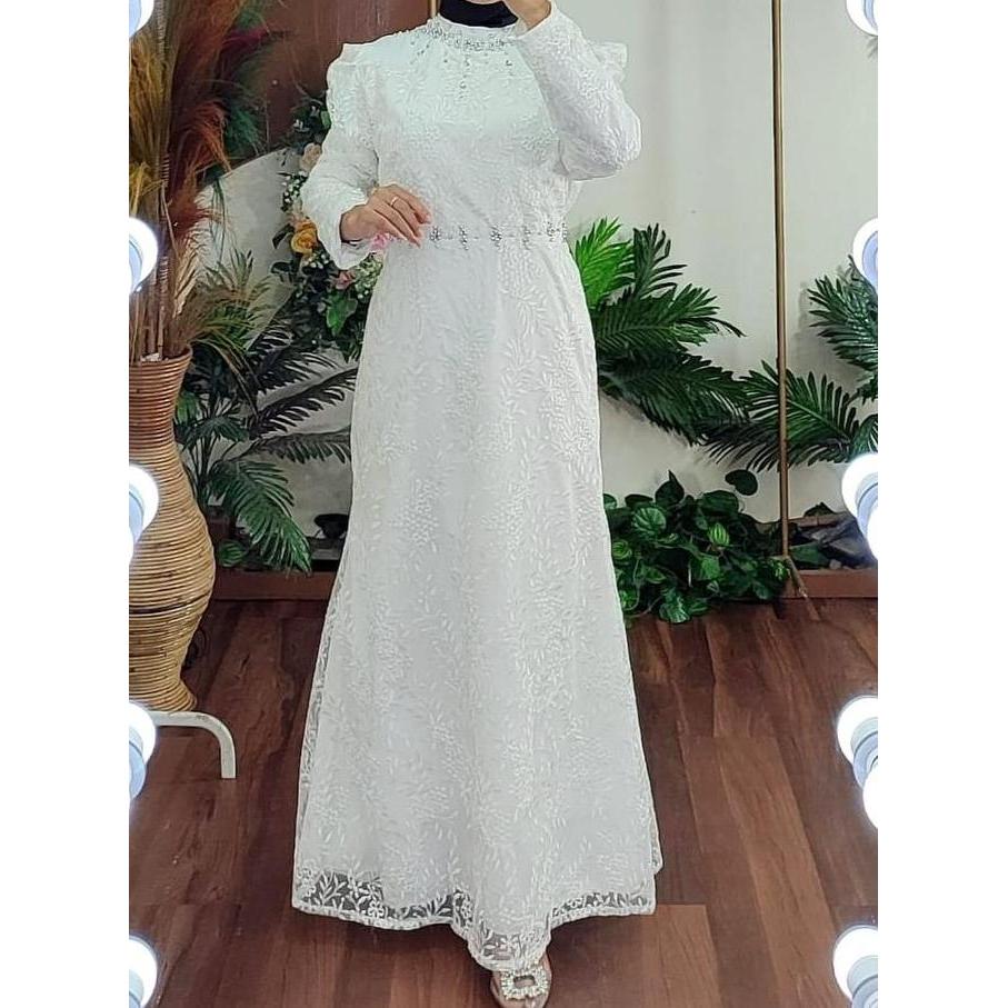 Gamis Putih Tile Full Bordir Kombinasi Satin Baju Lebaran Wanita 70741 4