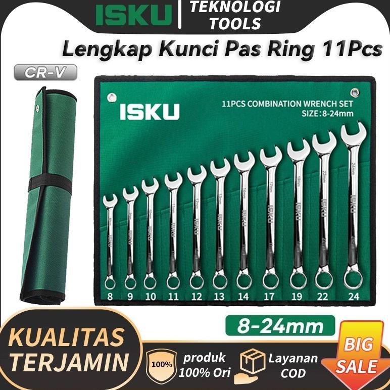 ISKU Kunci Ring Pas Set 11pcs 8-24mm/Dengan Tas Penyimpanan Kunci Pas Set Tools Ring Pas Kunci Set