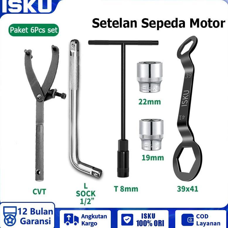 ISKU Kunci Treker CVT Matic + Kunci Tahanan Mur Kopling 39 x 41+ Kunci T 8mm + Mata Shock 19 22mm+Ga