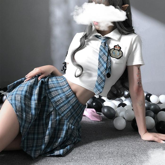 MyladySeragam Sekolah Korea Biru Baju Uniform Setelan Student Dress Kotak-Kotak Blue Sama Dasi Wanit