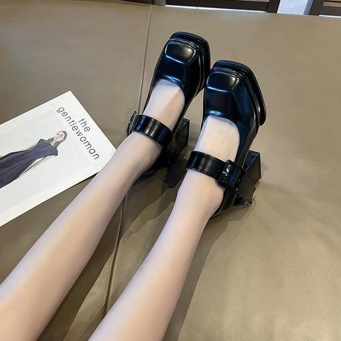 Sepatu Hak Tinggi Tahu Wanita Terbaru Korea Hitam Tali Gesper Murah Big Size Pointed Toe Black Mary 