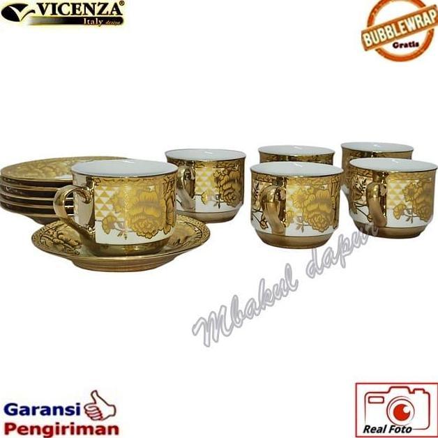 Cangkir Kopi Plus Lepek Set Gelas Kopi Tutup Motif Emas Set 6 Pc Dus Kado Vicenza 83 Sni