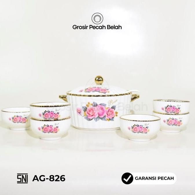 Set Wadah Sayur Keramik Rose + 6 Mangkok & Centong | Tempat Sayur | Wadah Sayur Keramik - Grosir Pec