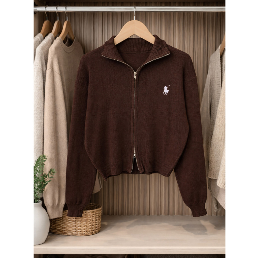 SWEATER JAKET ZIPPER KERAH TURTLENECK CROP RAJUT PREMIUM