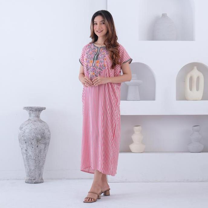 Daster Bordir Cantik Katun Rayon Viscose Salur Pendek Busui Bumil Adem Lembut Nyaman