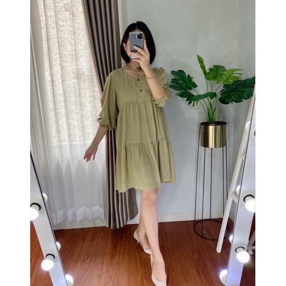 Dress wanita fashion korea basic pendek busui friendly baju hamil tangan 3/4 rempel Ibu Bumil