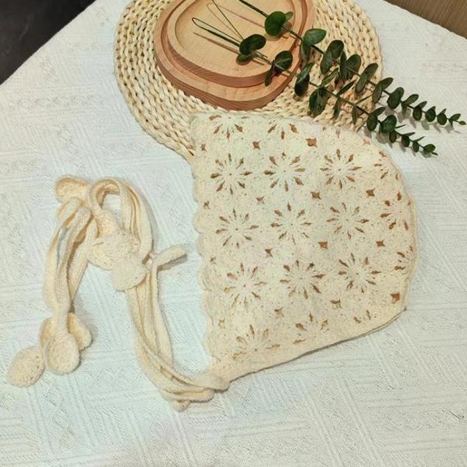 perfa_keni - topi rajut buatan wanita topi bunga rumbai rajutan berongga topi pullover gaya etnik be