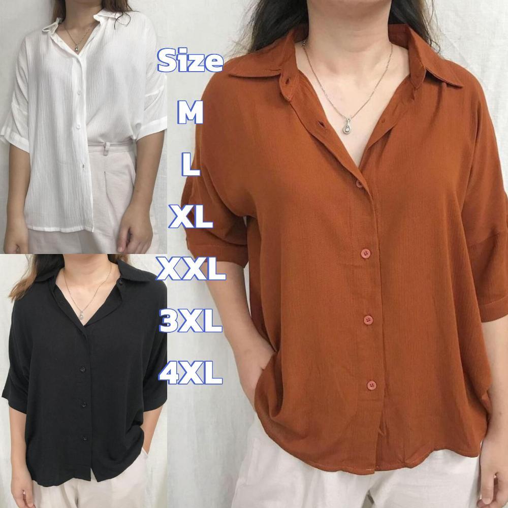 Baju Kemeja Atasan Hem Blouse Airflow Crinkle Kerah V Neck Kuliah Hitam Lengan 3 4 Ootd Polos Basic 