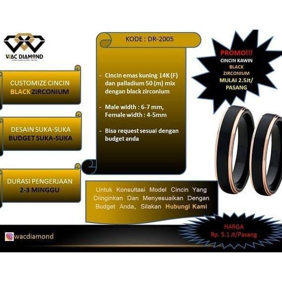 (DR-2005) Cincin Couple kawin Custom Zirconium Hitam Emas Paladium