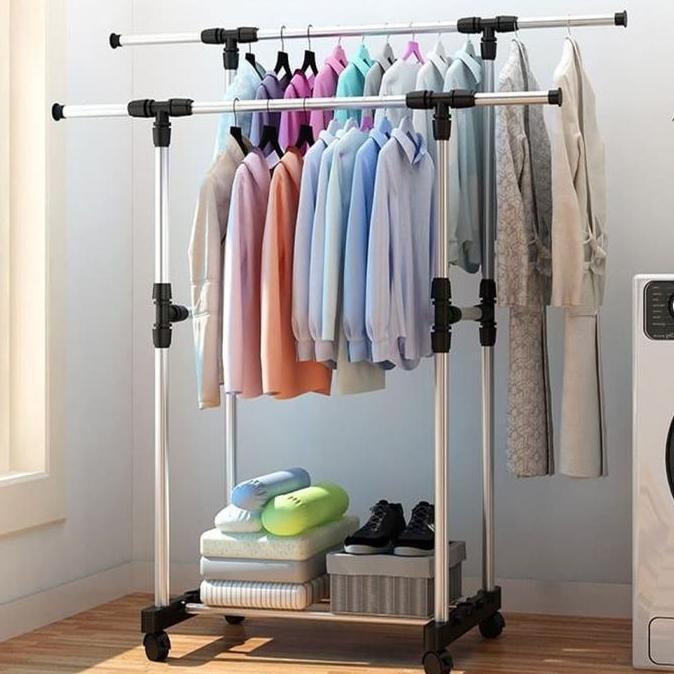 YGM BIG Double Stand Hanger Telescopic Rak Besi Gantungan Pakaian Gamis Lemari Baju Portable Display