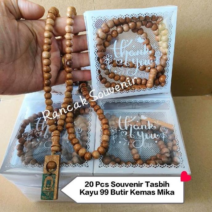Laristerbaik- Isi 20 Pcs Souvenir Tasbih Kayu 99 Butir Kemasan Mika Motif Cantik