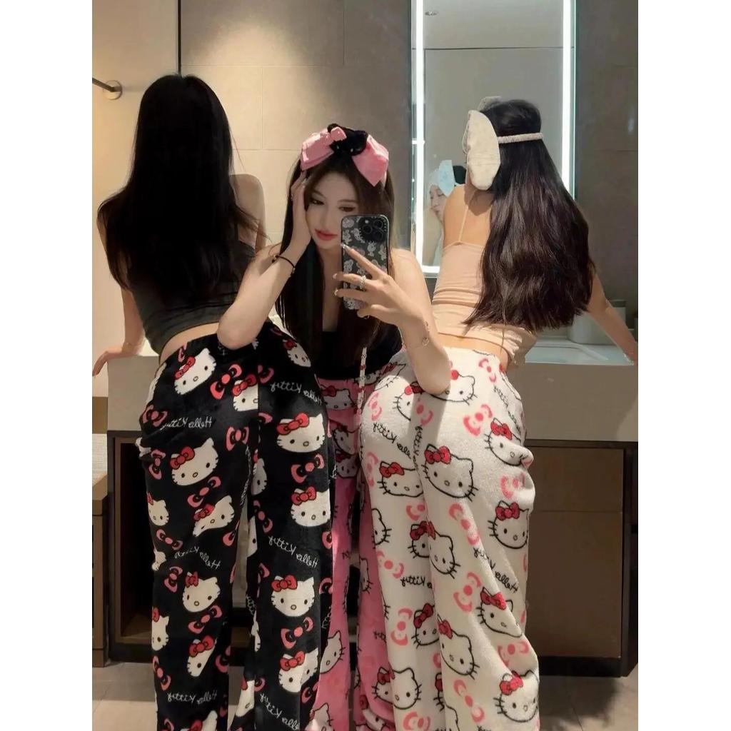 Y2K Anime Sanrio Hello Kitty Flannel Trousers Pajama Pants Women's Kawaii Warm and Comfortable Home 