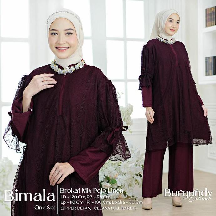 Newrelig- Bimala Setelan Wanita Brokat Mix Polo Linen Motif Polos One Set Baju Celana Hijab Style