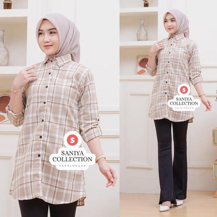 Newrelig- Farrah Tunik Flanel Premium Wanita Motif Kotak Garis Atasan Muslim