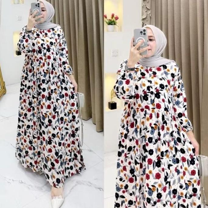 Newrelig- Kolinda Midi Dress Rayon Motif Wanita Lengan Panjang Muslim
