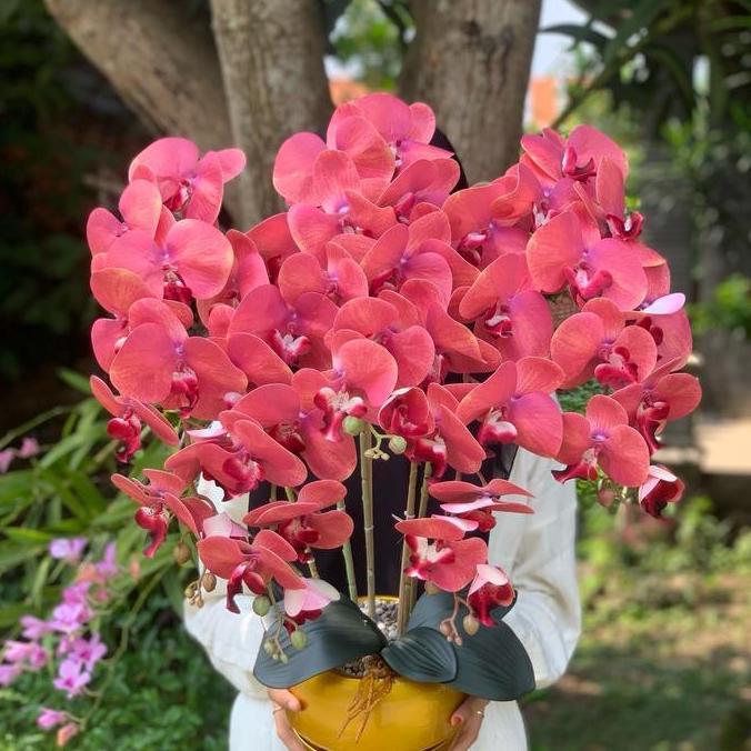 Xyxy- Anggrek Latex Jumbo 5 Cabang Vas Pot Bola Gold & Hitam Bunga Plastik Dekorasi Hiasan Rumah Dia