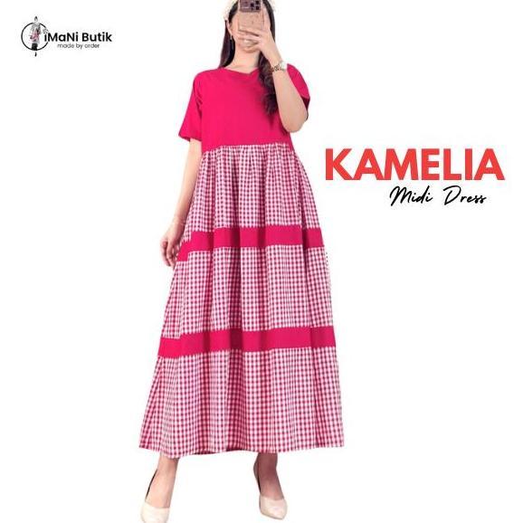 Ready Imani Butik - Fashion Wanita Midi Dress Kamelia Gaun Katun Linen Mewah Muslim Nyaman Gamis Rem