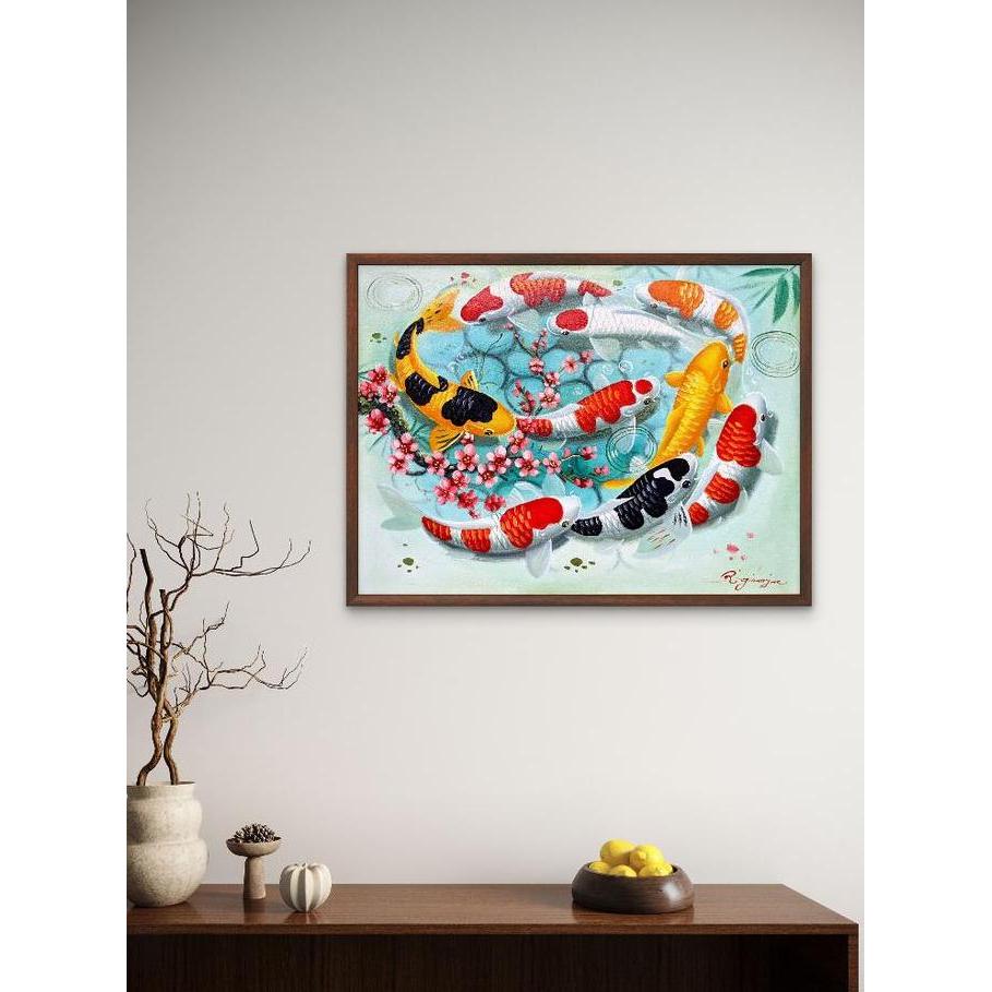 Siapkirim- Lukisan Koi 9 Ekor 60X80 - Lukisan Kanvas Ikan Koi Untuk Ruang Tamu & Fengshui