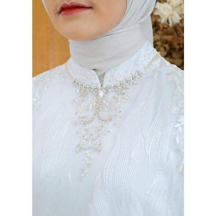 Gamis Mosleem Putih Lebaran 2025 Brukat Premium Elegance Detail Payet By Brilliant Girl