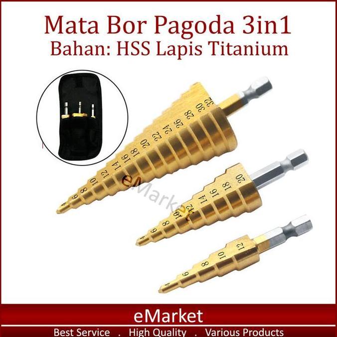 Tools- Mata Bor Pagoda 3In1 / Bahan Hss Lapis Titanium / Pouch