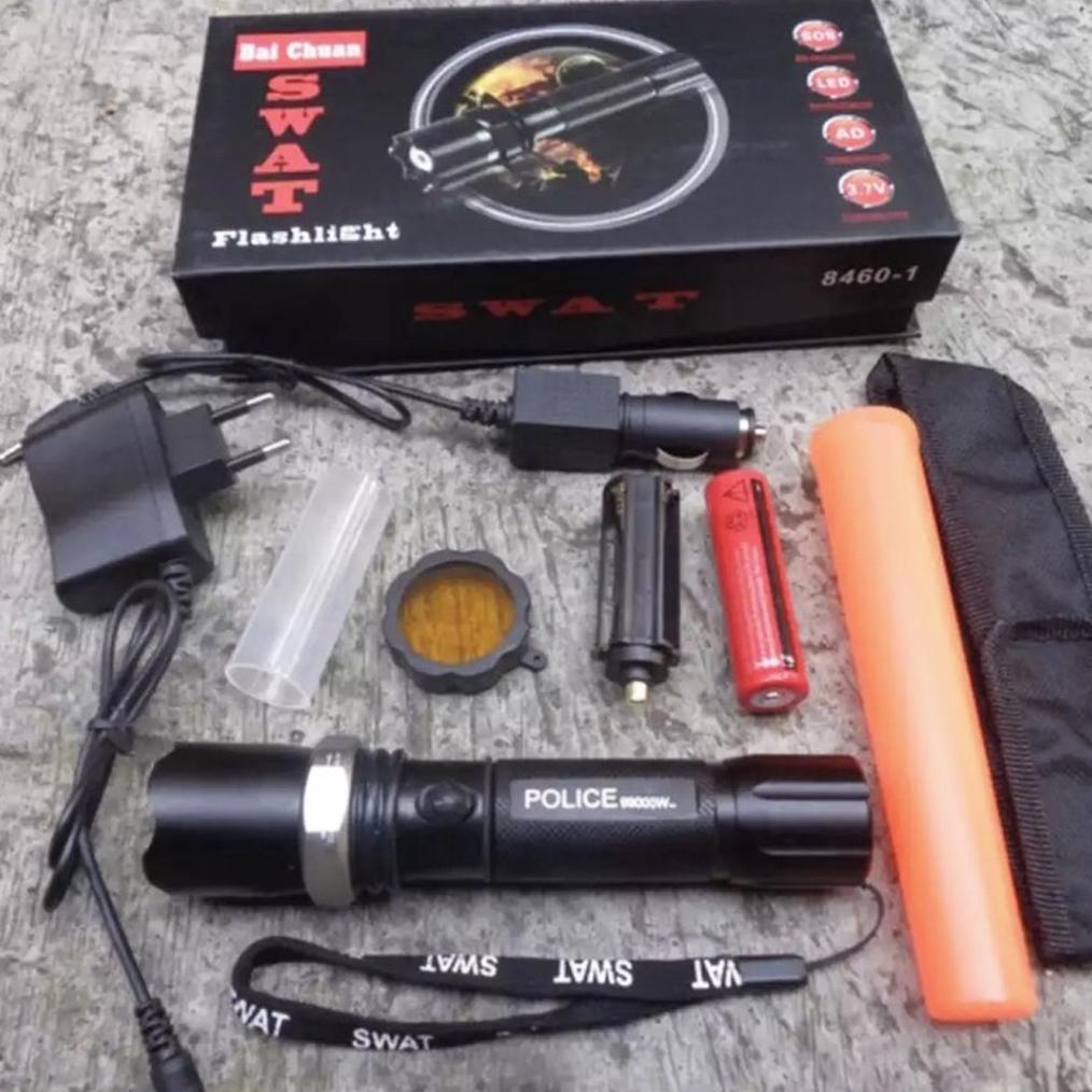 Senter Cas Police Swat 99000W Lampu Emergency Darurat Led Super Terang Jarak Jauh Original