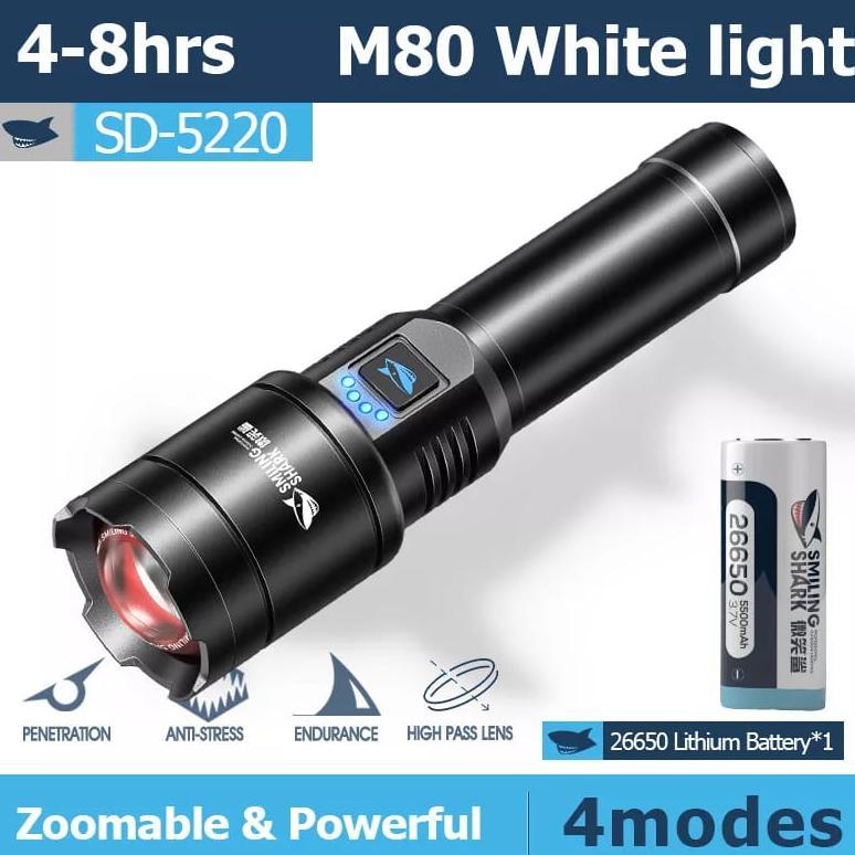 SENTER LED SMILING SHARK SD-5220 M80 - ZOOM - CAHAYA SUPER TERANG - USB TYPE C - MODE POWERBANK