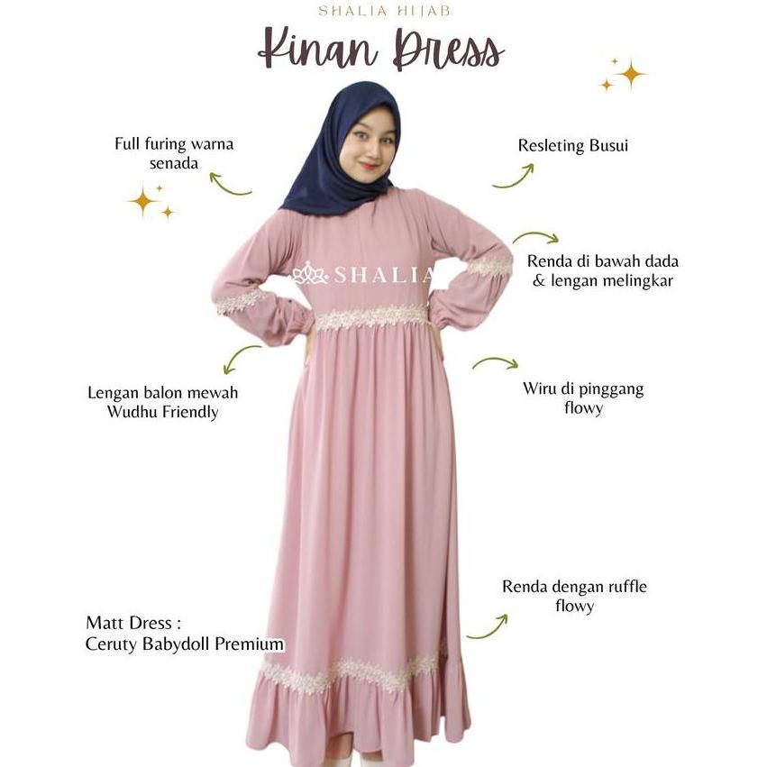 Regreg- Kinan Dress Renda Bunga Cantik Dada Bawah Gamis Ceruty Babydoll Mewah Elegan Full Puring Bus