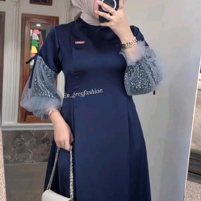 Regreg- Naura Dress || Gamis Polos Kombinasi Motif || Gamis Kondangan || Baju Kondangan
