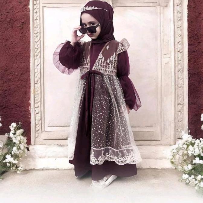 Gamis Set Jilbab Dress Pesta Kondangan Lebaran Anak Perempuan 2025 Umur 5-8 Tahun Brokat Brown Musli