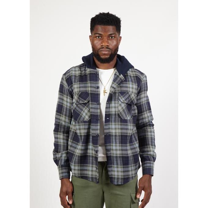 OCWA JEREMY OVERSIZED FLANNEL PLAID BLUE ARMY GREY SHIRT HOODIE