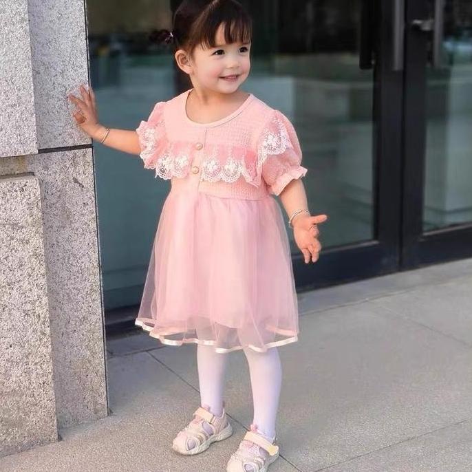 DE5 - ANGENIUS Dres Anak Perempuan Pendek Dengan Bahan Knit & Tutu Tile Premium Style Kekinian Baju 