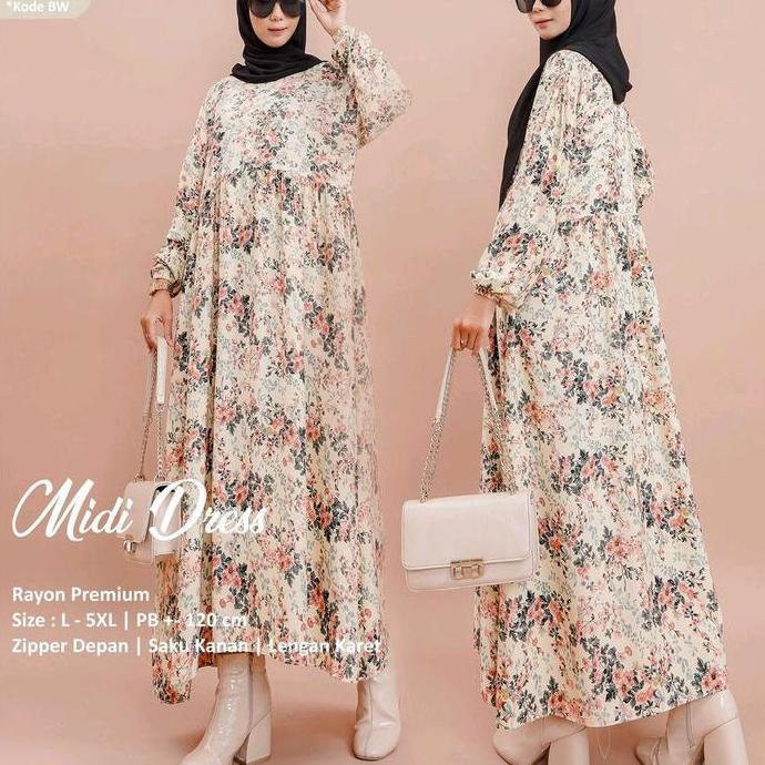 DISKON MILEA MIDI DRESS KOTAK BUSUI WANITA RAYON KAIN MUSLIM FIT