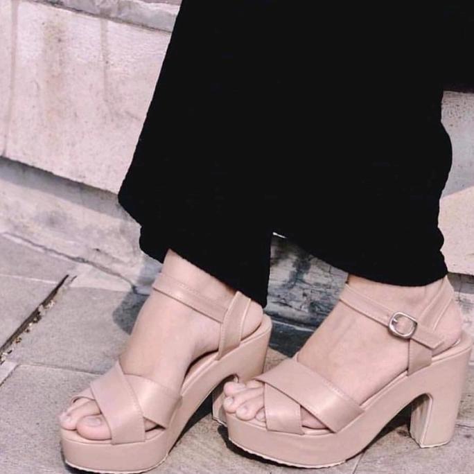DISKON LENEIGEA DRANATHA HEELS WANITA  SANDAL KULIT SINTETIS SOL ANTISLIP WARNA HITAM MOKA SIZE 36-4