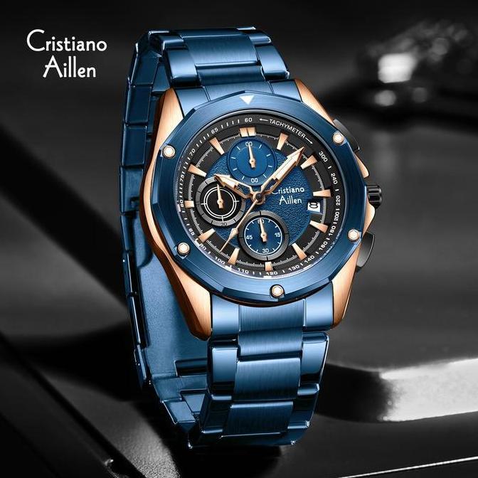Cristiano Aillen Jam Tangan Pria 8899 Rantai Stainless Steel Chronograph Kaca Sapphire Water Resista