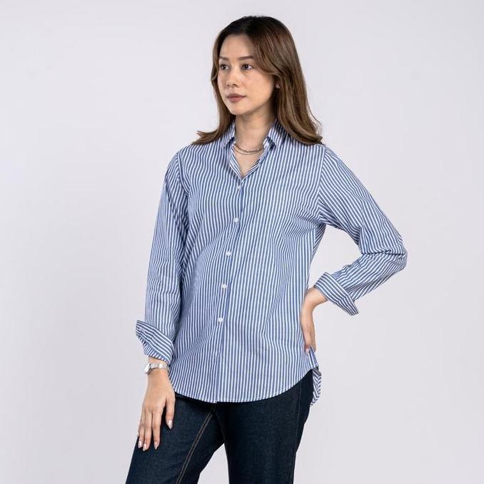 C2 Gideon Blue Kemeja Casual Wanita Lengan Panjang Motif Garis
