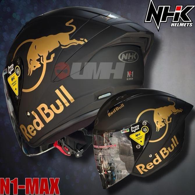 OK HELM HALF FACE NHK N1 MAX SOLID TERBARU PAKET STIKER REDBULL //