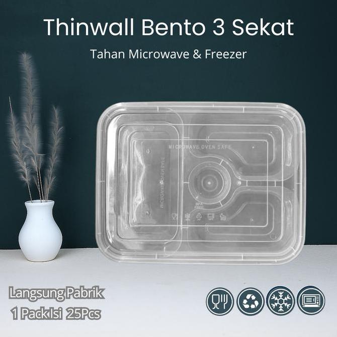 Thinwall Bento Sekat 3 Plastik - Food Container Bento Thinwall Premium