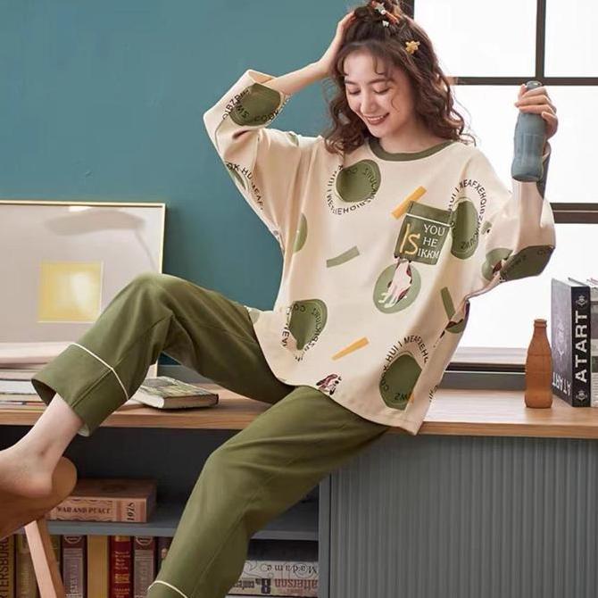 Baju tidur piyama wanita kaos tebal import stelan panjang