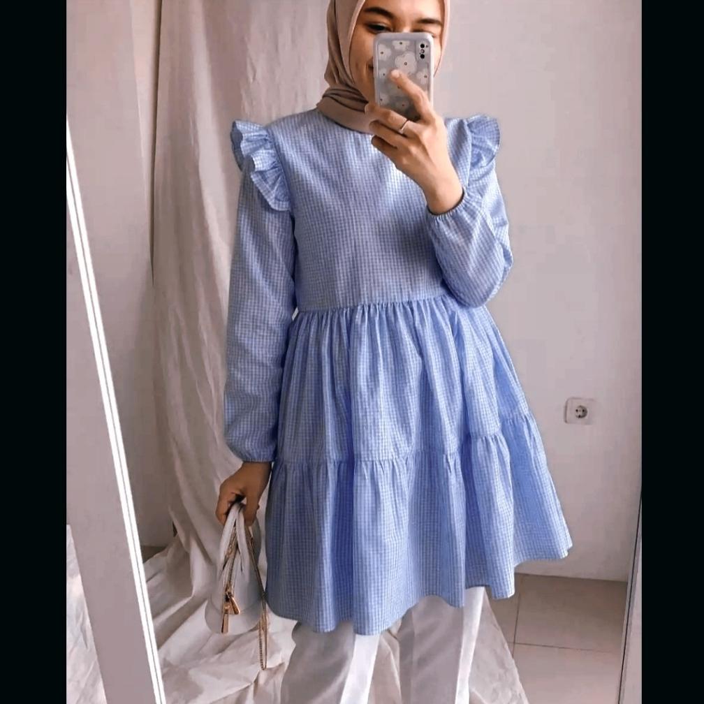 SELLER Elula Tunik Size S M L XL XXL 3XL JUMBO Tunik Kotak-kotak Model Serut Pakaian Wanita Paling